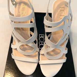White leather heeled sandals from BCBG.